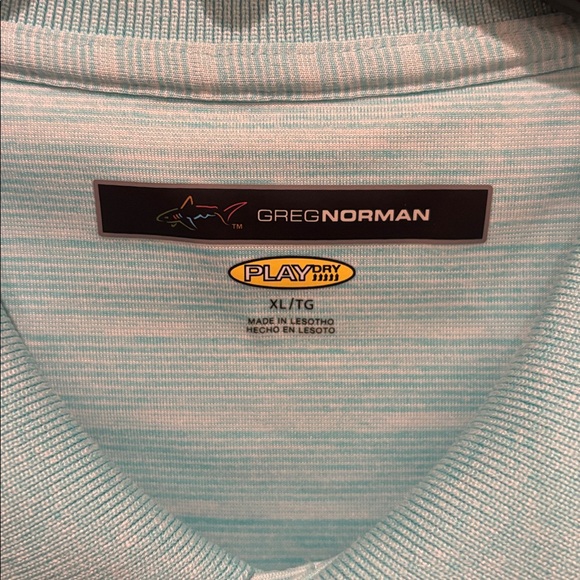 Greg Norman Collection Aqua Striped Polo with Shark Emblem - Picture 2 of 2
